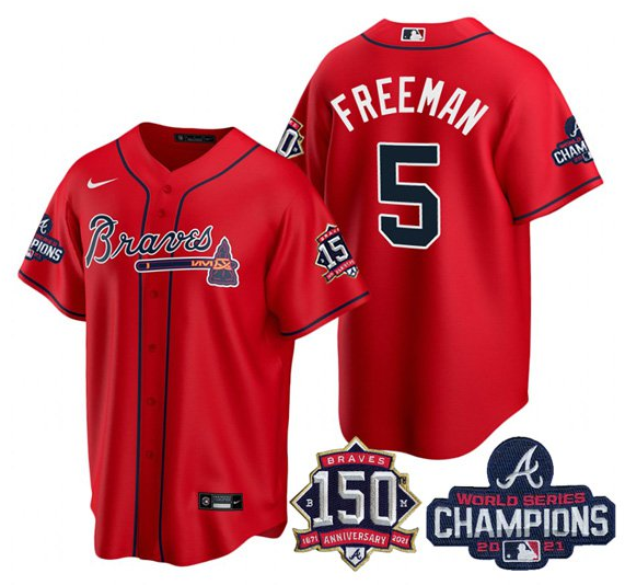 Men's Atlanta Braves #5 Freddie Freeman 2021 Red World Series Champions With 150th Anniversary Patch Cool Base Stitched Jersey Men's Atlanta Braves #5 Freddie Freeman 2021 Red World Series Champions With 150th Anniversary Patch Cool Base Stitched Jersey
